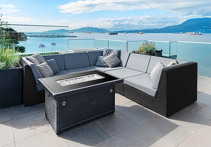 Outland Living Series 403 Fire Table – 44" 50,000 BTU Outdoor Propane Gas Fire Pit Table with Tempered Glass Top & Arctic Ice Decorative Glass Rocks, Slate Grey