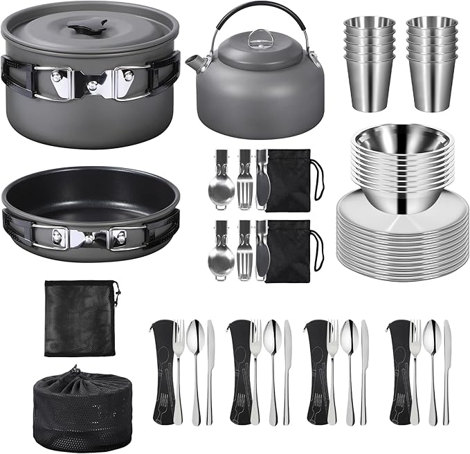 REDCAMP Stainless Steel Camping Mess Kit, Camping Dishes Set for 4, Camp Plate Set with Bowls Plates Cups Forks Spoons, for Backpacking, Outdoor Backpacking Hiking and Picnic