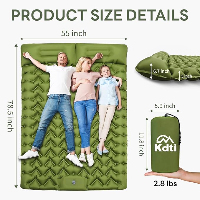 Double Inflatable Sleeping Pad for 2 Person - Ultralight Air Mattress with Built-in Foot Pump, Durable Waterproof Camping Pad for Couples, Backpacking, Hiking