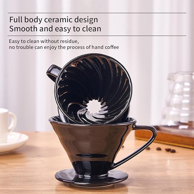 Pour Over Coffee Maker, Single Cup Coffee Dripper, Manual Porcelain Slow Brewing Accessories for Travel, Camping, Office, Home, Cafe, Coffee Gifts (Black, Large)