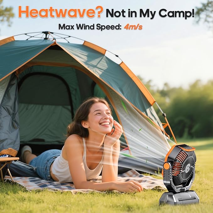 AJVV Camping Fan Rechargeable, Battery Powered Fan With Remote Controller, LED Light, Dual Motors, Stepless Speed, 45°/90°/270° Swing,Timer, Portable fan For Travel Tent Bedroom Beach Fishing, Orange