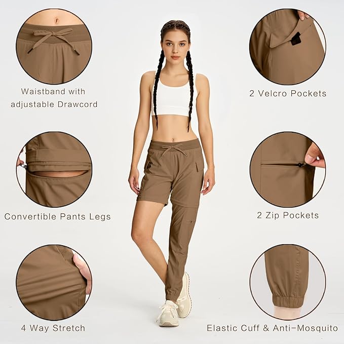 smawell Women's Hiking Pants Convertible Lightweight Zip-Off Outdoor Pants Quick Dry Joggers with Pocket