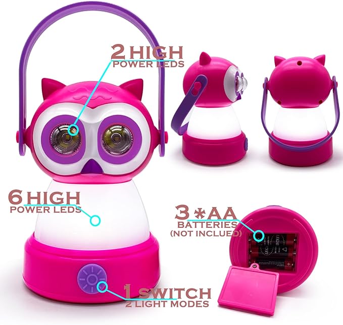 Kids Owl Lantern & Headlamp Set, 2-in-1 360ยฐ LED Camping Night Light, Battery Powered 3รAA, Child-Safe ABS, Portable Adventure Toy & Bedroom Night-Light (Pink Owl Lantern-Headlmp)