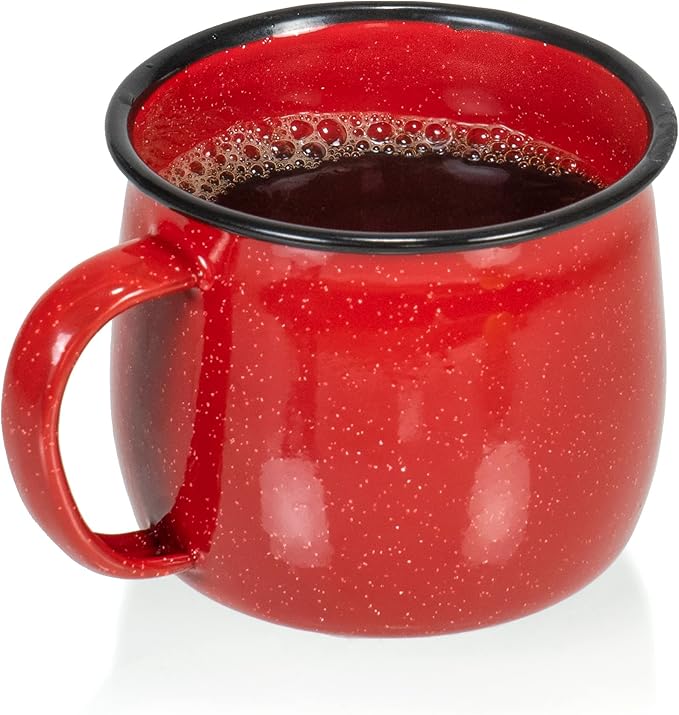Red Co. Set of 4 Enamelware Metal 12 Oz Round Camping Coffee Mugs with Handle, White-Speckled Red/Black Rim