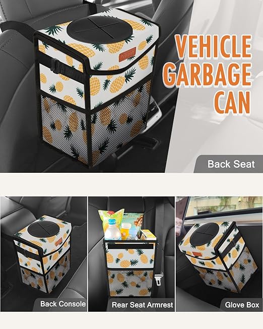 Car Trash Can with Lid, Cute Leakproof Car Trash Garbage Bag Hanging Vehicle Trash Bin Small Portable Automotive Garbage Cans Organizer for Back/Front Seat/Console(2.8 gal,Pineapple Print