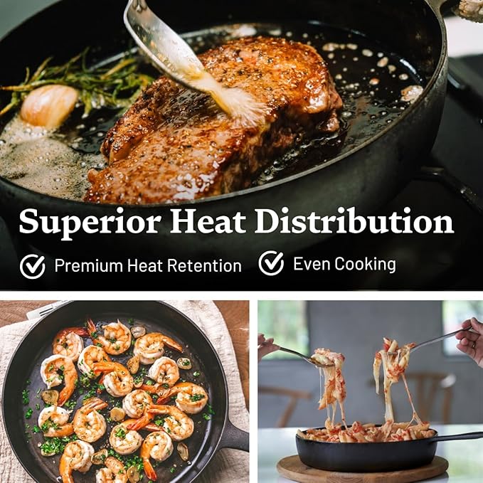 Flambo 12 Inch Cast Iron Skillet - Naturally Non-Stick, Pre-Seasoned Frying Pan, Smooth Nonstick Finish for Grilling, Frying, Sauteing, Searing, Baking - Use on Oven, Stove, Grill, or Campfire