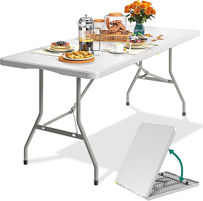 YITAHOME 6ft Folding Table, Heavy Duty Picnic Table w/1.5" Thick Tabletop, Portable Outdoor Folding Table w/Carrying Handle for Camping Picnic Parties/Indoor Events, White