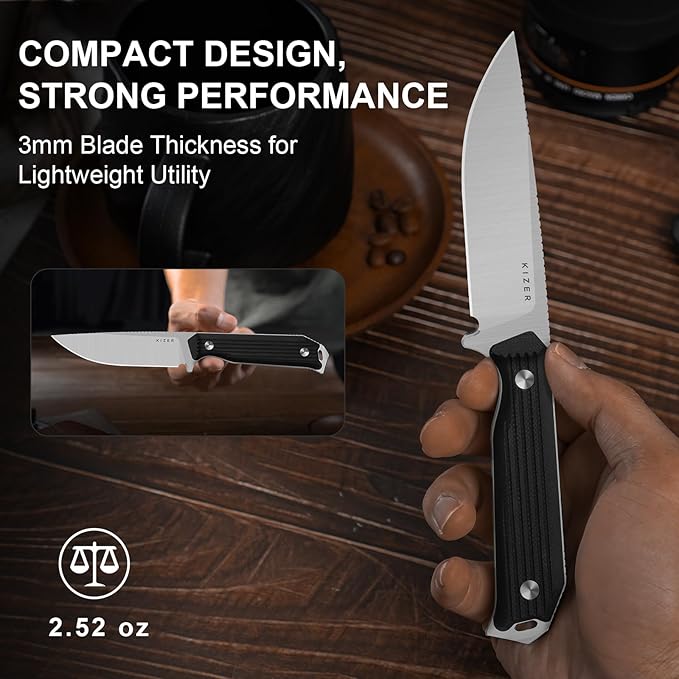 Kizer Begleiter Fix Fixed Blade Knife, 3.78" Drop Point AEB-L Blade Hunting Knives with Kydex Sheath, Black G10 Handle EDC Knife for Camping Hunting Survival 1045MD2