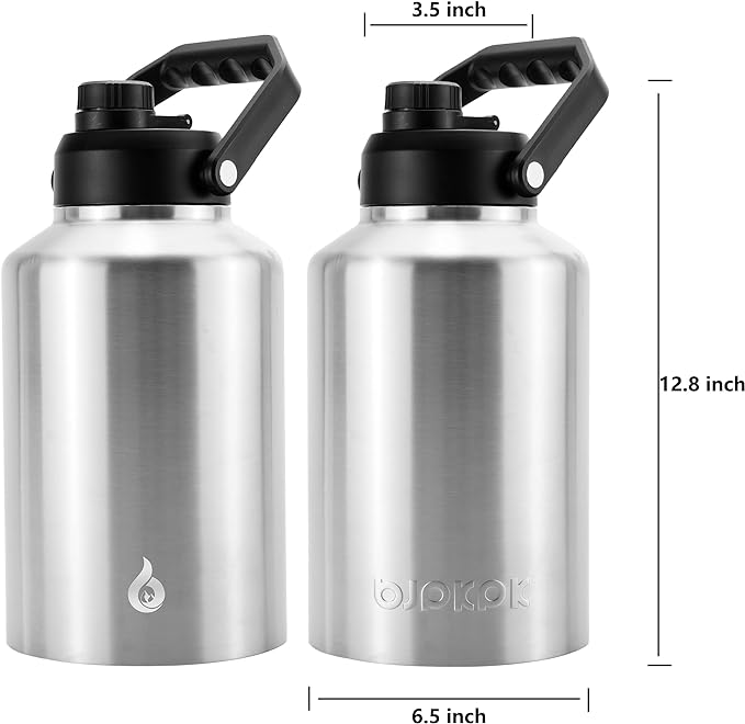 BJPKPK One Gallon(128 oz) Insulated Water Bottle, Dishwasher Safe Stainless Steel Thermo, BPA Free Jug with Ergonomic Handle & Anti-slip Bottom, Large Water Bottle,Stainless Steel