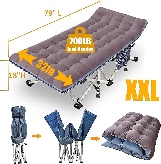 Oversize XXL Camping Cot with Comfortable Mattress Extra Wide Cots for Sleeping Cot for Adults Folding Cot Camping Bed 79" L x 32" W x 18" H Heavy Duty with Carry Bag Outdoor Indoor