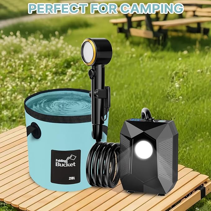 Portable Shower for Camping with 20L Foldable Bucket, 5 Pressure Levels Rechargeable Camping Shower Pump with Camping Light & Intelligent LED Display, 6000mAh Outdoor Shower for Hiking, Travel, Car