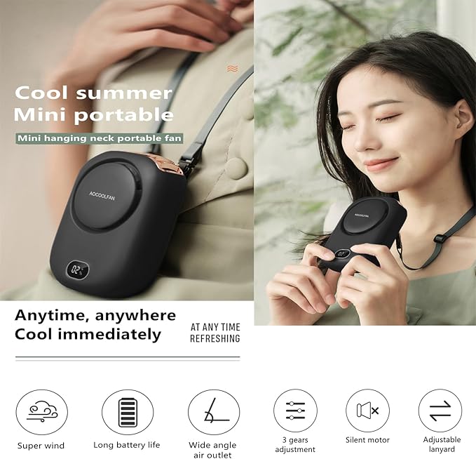 Portable Neck Fan, Mini Small Personal Handheld Fan USB Rechargeable 3 Speed for Girls Boys Woman Eyelash Travel Home Office Outdoor (Black)