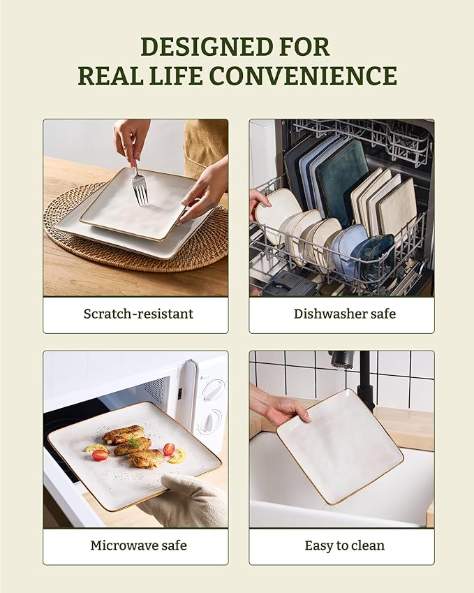 Famiware Dinnerware Sets for 8, Ocean Square 24-Piece Kitchen Plates and Bowls Sets, Microwave and Dishwasher Safe, Scratch Resistant, Cappuccino White