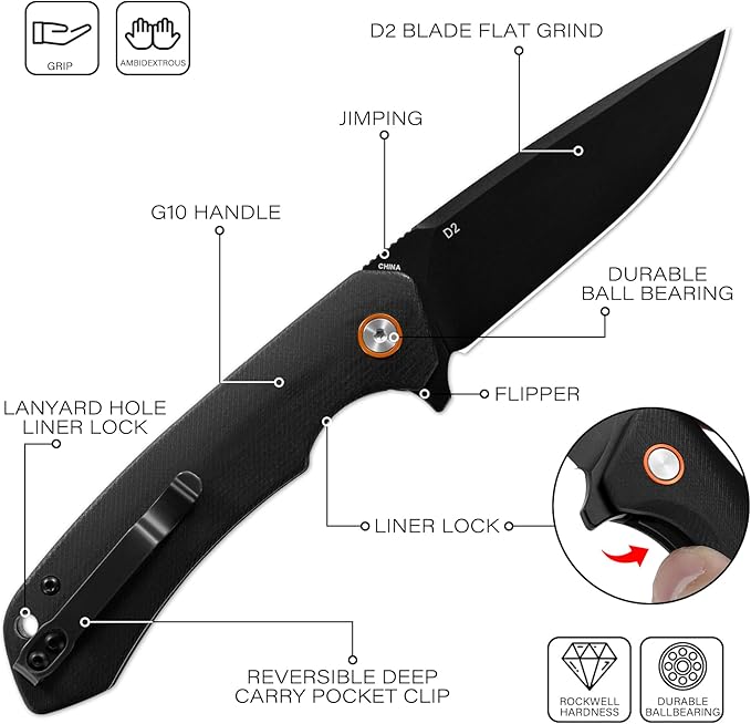 Dispatch Black Pocket Knife with Clip, 3.29" D2 Steel Drop Point Blade and G10 Handle EDC Knife-Front Flipper Pocket Knife for Men Women,Sharp Hiking Hunting Survival Camping Folding Knives.