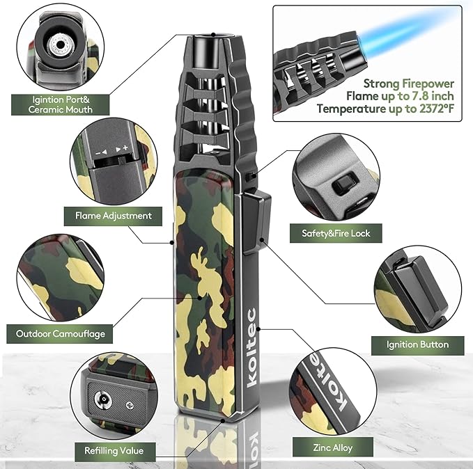 Butane Torch, Outdoor Windproof Cooking Torch Lighter, Refillable Adjustable Jet Flame Kitchen Butane Lighter with Safety and Fire Lock, Gift Box Package (Gas Not Included) (Camouflage)