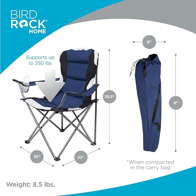 Internet's Best 2 Pack Padded Camping Folding Chair | Outdoor | Navy Blue | Sports | Cup Holder | Comfortable | Carry Bag | Beach | Quad