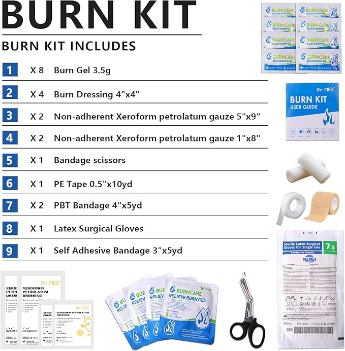 Dr.Med Burn Kit, 4pcs Burn Dressings 4x4”, 8pcs Burn Gel 3.5g, 4pcs Non-Adherent Xeroform Petrolatum Gauze, Burn First Aid Cooling Soothing Cream with Bandage, Latex Surgical Gloves, Scissors, Tape
