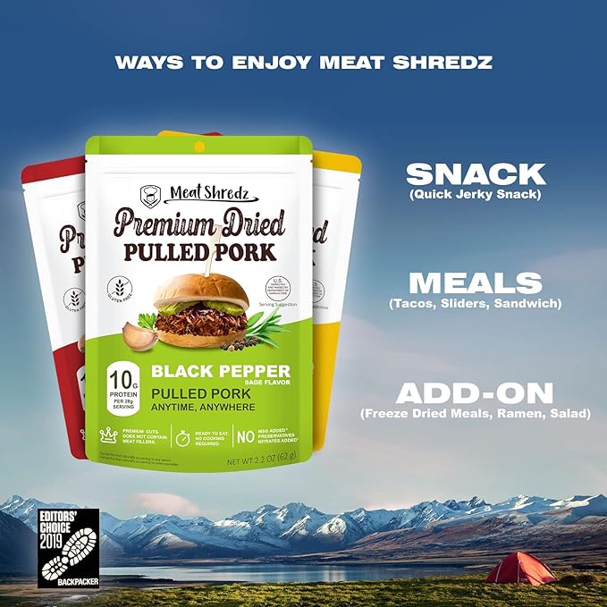 Meat Shredz - Premium Dried Pulled Pork (Carolina BBQ - Sweet Mustard, 1 Pack) | Gluten Free | High Protein & Low Sugar | Bacon Bits | Dehydrated Backpacking & Camping Food | Shredded, Dried Jerky Chew Snack
