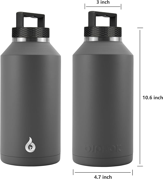 BJPKPK Half Gallon Water Bottle Insulated, Dishwasher Safe 64 oz Water Bottle with Handle, Leakproof BPA Free Water Jug, Large Stainless Steel Thermo for Sports, Grey