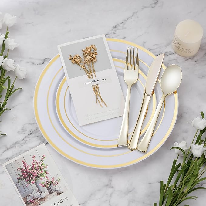 300PCS Plastic Dinnerware Set (50 Guests), Gold Disposable Plates for Party, Wedding, Christmas, Anniversary, Includes: Dinner Plates, Dessert Plates, Cups, Spoons, Forks and Knives
