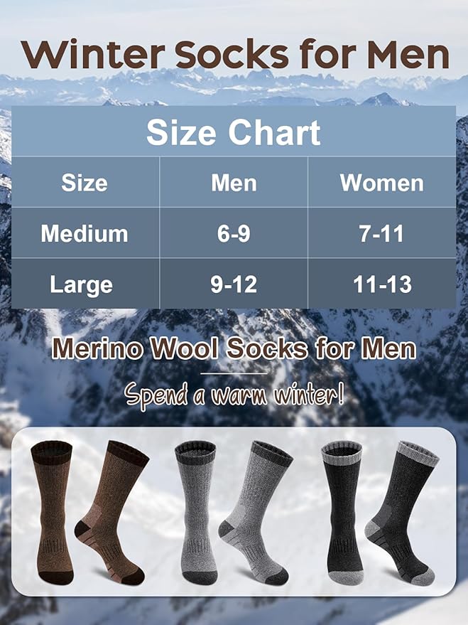 Senker Fashion Merino Wool Hiking Socks for Men, Warm Crew Socks W/Cushion Moisture Wicking for Trekking Work Outdoor