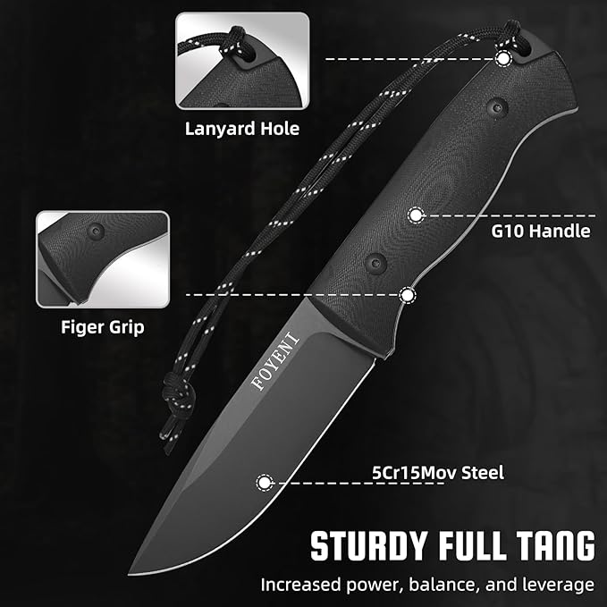 Survival Knife with Fire Starter and Kydex Sheath, 9.7" Full Tang Fixed Blade Hunting Knife with G10 Handle for Bushcraft,Outdoor, Hunting,Fishing,Camping