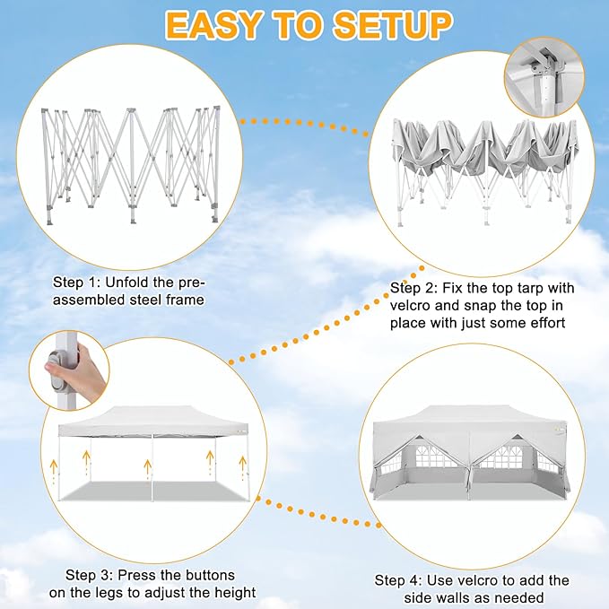 HOTEEL 10x20 Heavy Duty Pop Up Canopy Tent for Parties Event Wedding Commercial Instant Canopy with Roller Bag, Party Tent Waterproof UV 50+&Windproof, Upgraded Thick Hexagonal Legs, White
