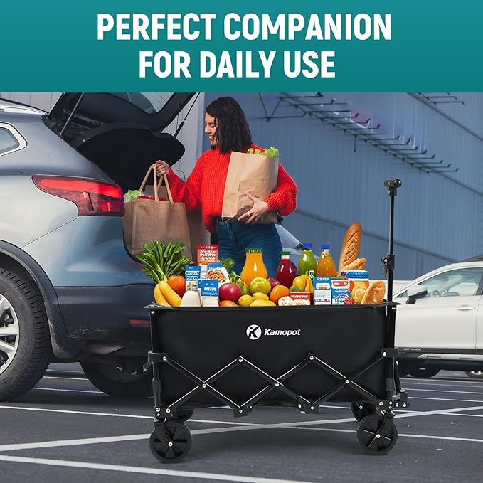 Collapsible Wagon on Wheels, Folding Wagon for Grocery, Park, Sports, Yard, Beach, Event, Pets. Portable Utility Cart w/DIY Wheels, Light-Weight (X1 Black)