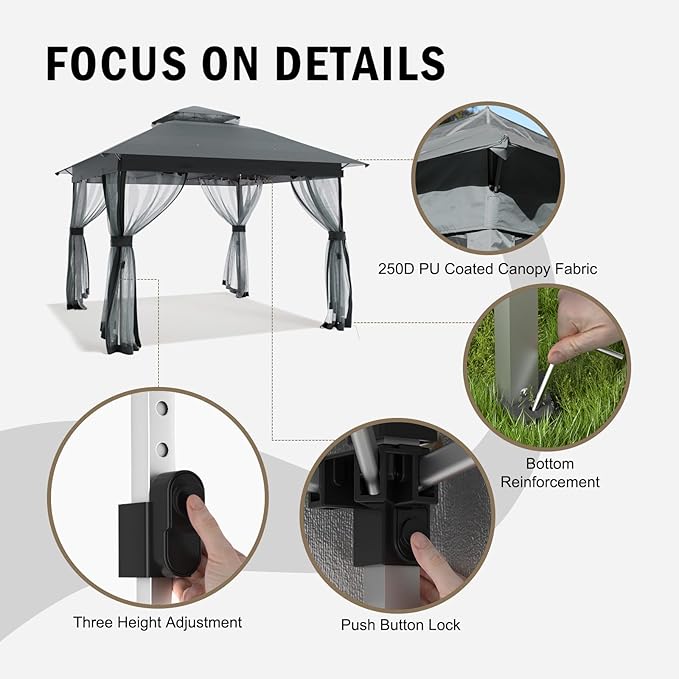 Outdoor Pop Up Gazebo 10x10 - Instant Canopy Tent with Mosquito Nettings, Double Roof Vented Gazebos Tents Shelter for Backyard Shade Party Garden Lawns (Gray, 10x10)