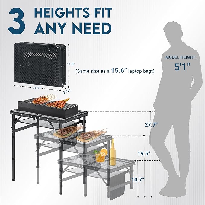 LOFTEY Small Folding Grill Table, Portable Picnic Table for Camping Outdoor Cooking BBQ, 3 Heights Adjustable Grill Stand with Mesh Bag, Easy for Storage, 23.6" L* 15.75" W * 27.7" H, Black