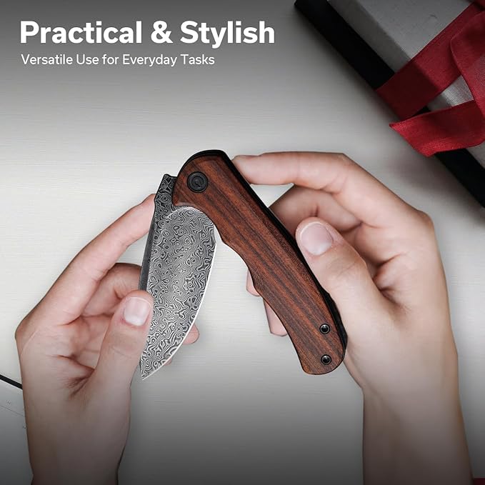 CIVIVI Folding Pocket Knife for EDC, Small Mini Praxis Knife for Men Women, 2.98" Damascus Blade Guibourtia Wood Handle, Sharp Camping Hiking Knives C18026C-DS1