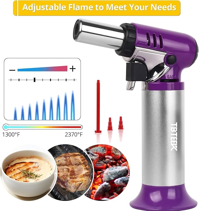 TBTeek Butane Torch, One-hand Operation Kitchen Torch with Adjustable Flame for Grilling, Baking and Soldering (Excluding Butane Gas), Purple
