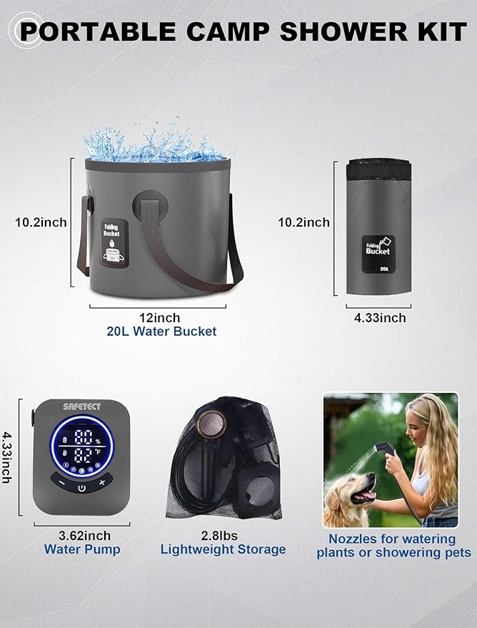 Portable Camp Shower Pump, IPX8 Waterproof, 8000mAh Rechargeable Shower Pump, 5 Speed Mode & 4 Water Mode Camping Shower with 20 L Foldable Bucket, Shower for Hiking,Travel, Pet Bath, Car Wash