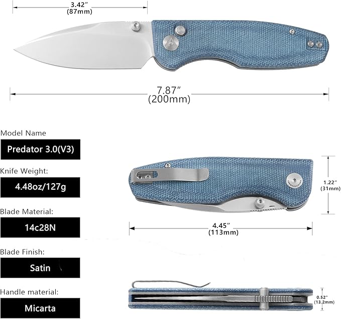 CMB Predator V3 Pocket Folding Knife for EDC with 3.42" Micarta Handle 14C28N Steel Blade Camping Hiking Knife with Pocket Clip for Men Women CMB-19 (CMB-19D)