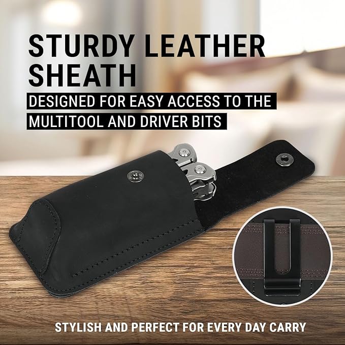 EPG Heavy Duty Multitool, Leather Case and Screwdriver Bits, 18 Stainless Steel Locking Tools, EDC Gear with Pliers, Bottle Opener, Box Cutter and More, Fits in Pocket