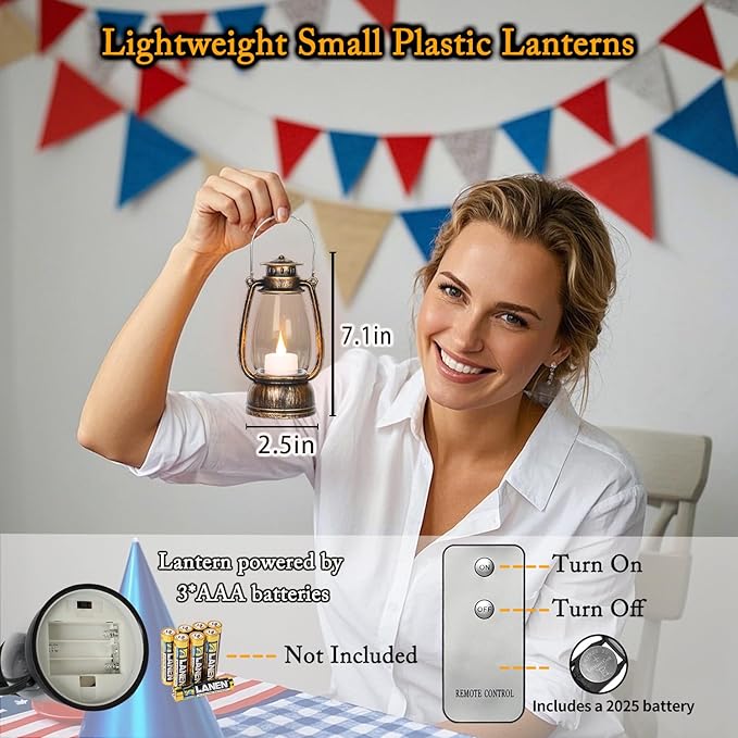 LLQ Vintage Decorative Lanterns with Remote, Camping Party Decorations, Table Centerpiece, Indoor & Outdoor Hanging Lanterns, Christmas Halloween Wedding Party Decor, 4-Pack (Bronze Brushed)