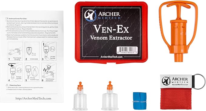 Archer MedTech Ven‑Ex Snake Bite & Bee Sting Kit – Portable Venom Extractor Pump with 2 Suction Cups, Tourniquet & Bonus Key‑chain CPR Face Shield – Compact First Aid for Hiking, Camping & Backpacking