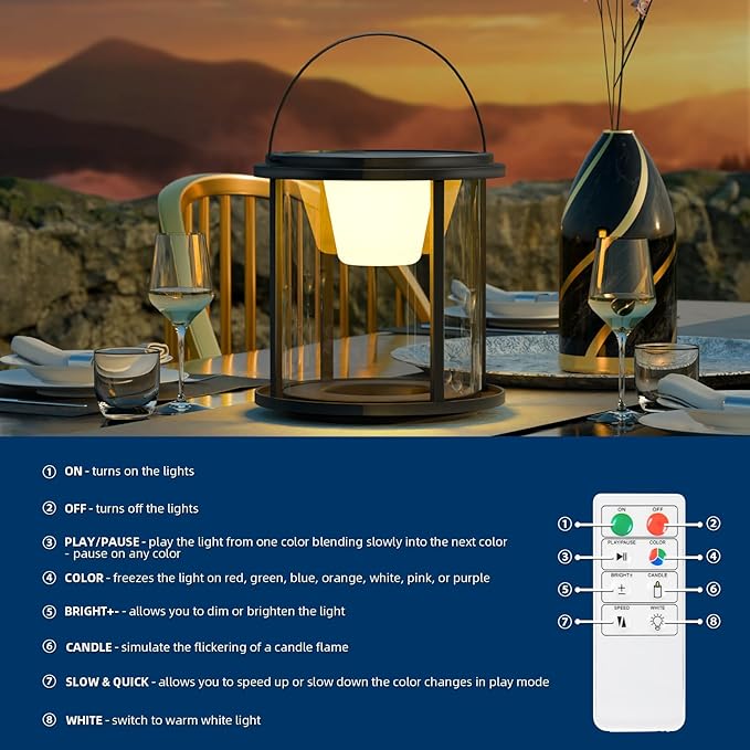 Solar Outdoor Table Lamp, Portable Metal Lantern with Multicolor, Water-Resistant Table Lamp Rechargeable with USB and Solar Charging, for Patio, Garden, Camping, Yard, Porch