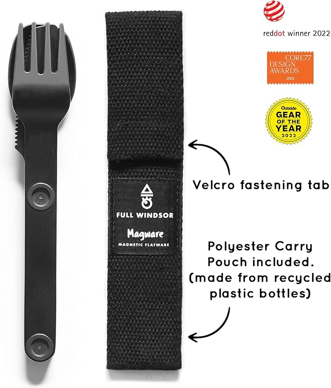 FULL WINDSOR - MAGWARE Magnetic Camping Cutlery Set - Travel Utensils for Camping, Cooking, and Outdoor Dining - Knife, Fork & Spoon - Portable Silverware with Pouch - Black (3 PCS)