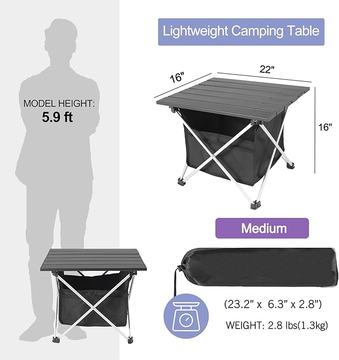Grope Portable Camping Table Ultralight Aluminum Camp Table with Storage Bag,Beach Table for Sand with Carrying Bag,Prefect for Outdoor,Picnic,BBQ,Cooking,Festival (Black with Storage Bag, Medium)