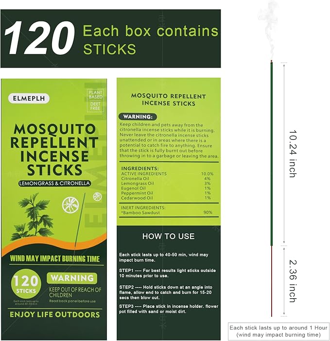 120 PCS Mosquito Repellent Incense Sticks Outdoor Patio - DEET Free - Lemongrass Oil - Natural Citronella Incense Sticks for Camping, Patio, Hiking,etc