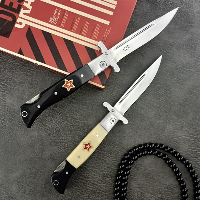 Finka-NKVD KGB Folding Pocket Knife,3.66" Mirror Polished 440C Blade and ABS Handle,Nylon Sheath,Assisted Opening Flipper Knife with Lockback, EDC for Camping Hunting Survival (Ivory white)