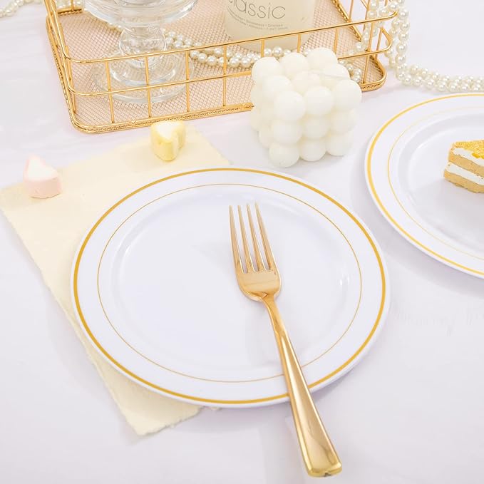 Nervure 204PCS Gold Dessert Plates with Forks - 102PCS 7.5inch Disposable Gold Plastic Plates and 102PCS Plastic Forks Perfect for Salads, Desserts, Parties, Catering, Christmas & Party & Father's Day