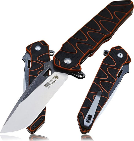 8.4in Folding Knife AUS-8 Steel Blade, G10 Handle with Anti-Slip Texture, Ball Bearing Pivot, Stonewashed Finish, EDC Pocket Knife for Camping, Hiking, Survival (AUS-8 (G10 black/orange))