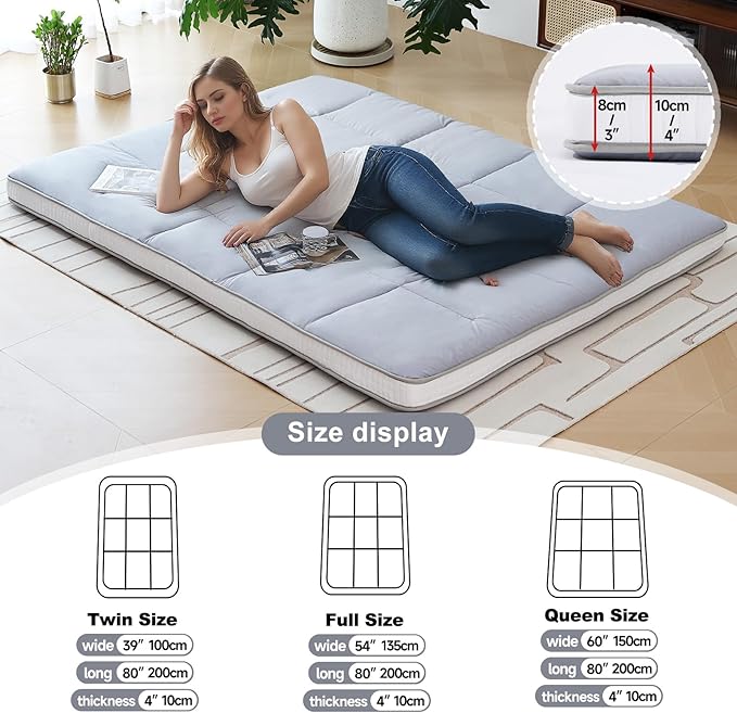 Tiita Queen Memory Foam Mattress Topper, 4" Thicken Futon Floor Mattress with Storage Bag and 2 Straps, Portable Roll Up Travel Car Camping Mattress Sleeping Pad, Grey