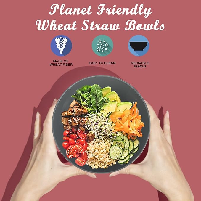 Wheat Straw Bowl Sets,6PCS Unbreakable Cereal Bowl 36 OZ,Microwave and Dishwasher Safe Bowls,Salad Bowls for Dorm,Apartment,Camping,Picnic (Deep Grey)