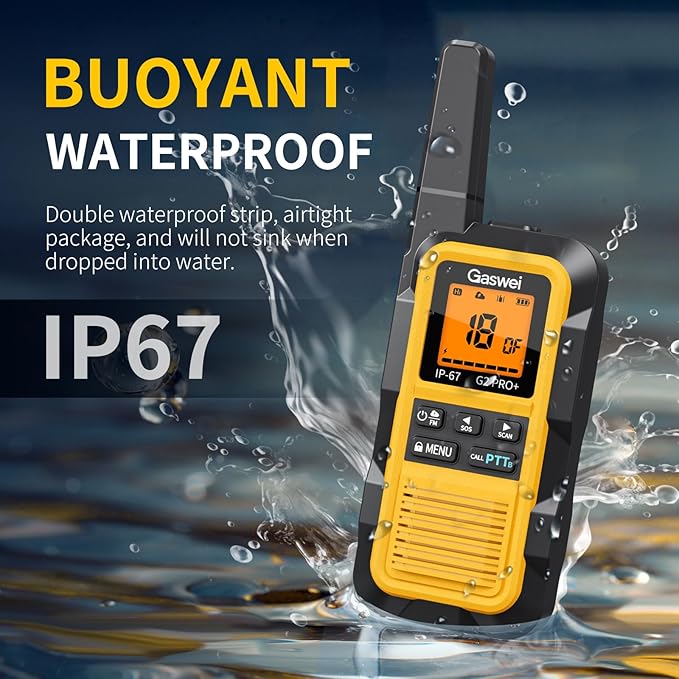 G2pro+ IP67 Waterproof Floating Walkie Talkies Long Range for Adults, Heavy Duty Walkie Talkie with Double PTT,FM Radio,SOS,NOAA Weather,VOX, Two Way Radio Rechargeable Battery(Yellow 6Pack)