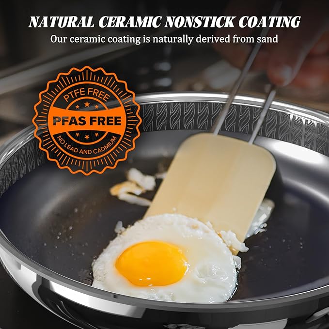 10“ Hybrid Ceramic Nonstick Frying Pan, 3-Ply Stainless Steel Skillet, 2-Layer Nonstick Coating, PFAS & PTFE Free, 9H Hardness & Corrosion Resistance, Dishwasher Safe, Induction Compatible