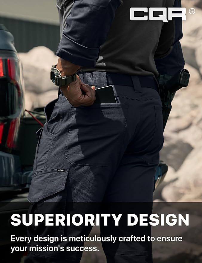 CQR Men's Flex Ripstop Tactical Pants, Water Resistant Stretch Cargo Pants, Lightweight EDC Hiking Work Pants