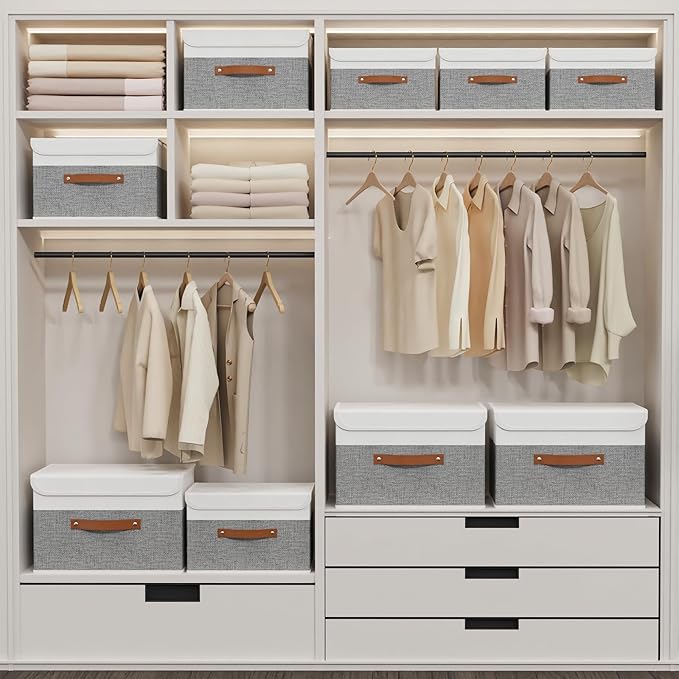Yawinhe Collapsible Storage Bin, Cube Organizer Basket, Fabric Box with Lids, Washable and Leather Handle, for Home, Closet, White/Grey, 13.0''Lx9.0''Wx7.9''H, 1-Pack, SNK024WGS-1